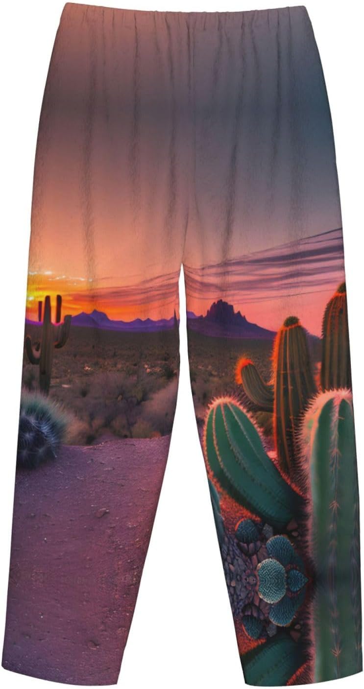 Cactus Desert Sunset Print Cozy Christmas Pajama Pants,Flannel Pajama Bottoms,Cater To Various Body Types