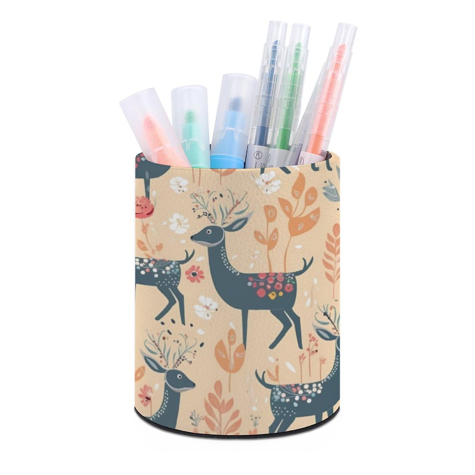 JTREHY Round Pen Holder,Deer Pattern Printed Makeup Brush Storage Box Desktop Stationery Storage Cup Office Accessories Storage Box Pencil Storage Box for Home Office Dressing Table