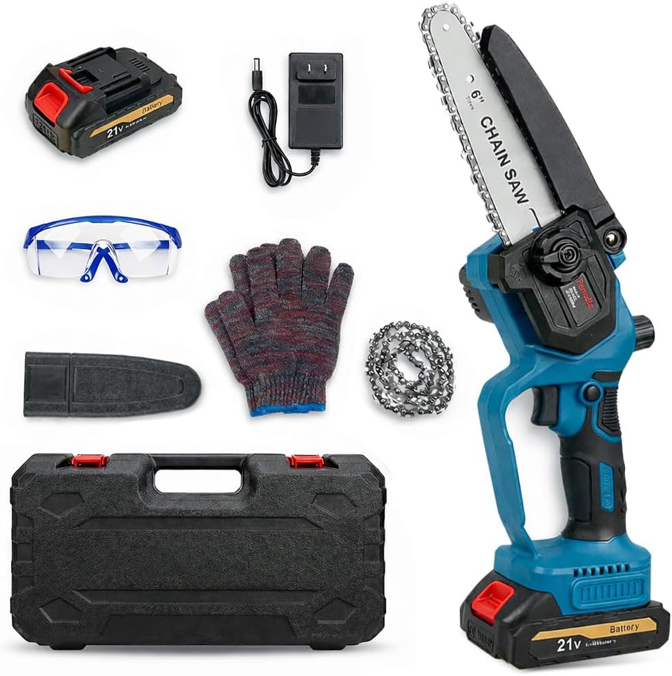 6 Inch Mini Chainsaw Cordless with 2 Batteries and 2 Chains, Portable Electric Chainsaw Handheld Small Battery Powered Chainsaw for Tree Trimming, Wood Cutting, Garden Pruning