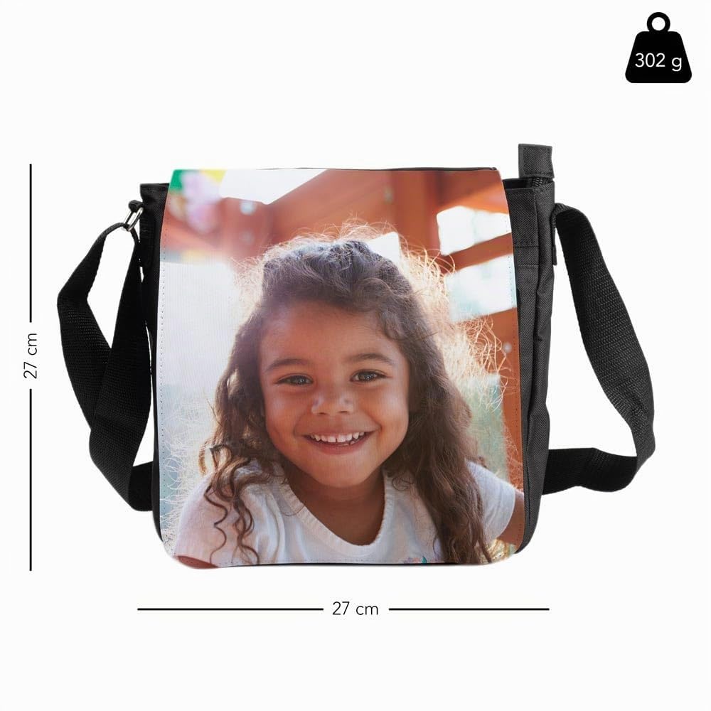 Borsa a tracolla nera personalizzata con foto - Stampa di foto sulla patta anteriore della borsa in tessuto nera personalizzata