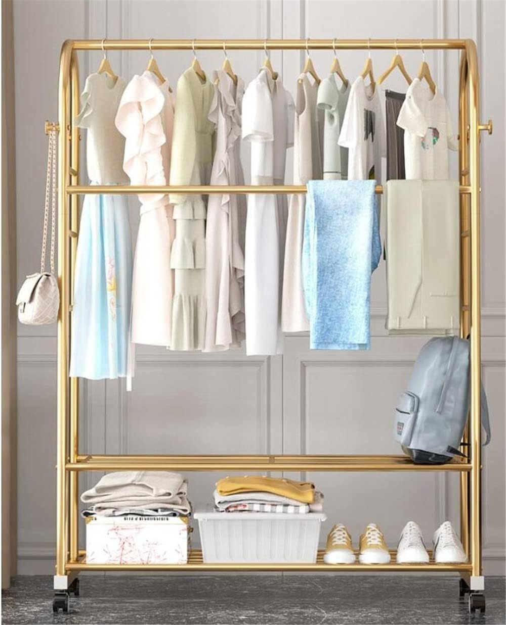 Lukzer Metal Multipurpose A Shape Garment Rack with 2 Bottom Shelf Heavy Duty Non-Slip Clothes Hanging Rail Coat Hanger Display Unit Living Room, Bedroom (Gold, 168 x 120 x 35cm) DIY offers donot miss