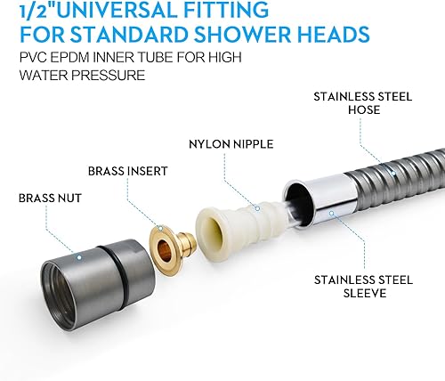 Miniatura 43 de Manguera de ducha, manguera de mano de acero inoxidable extra larga de 69 pulgadas con inserto de latón y tuerca, duradera y flexible (cromado)