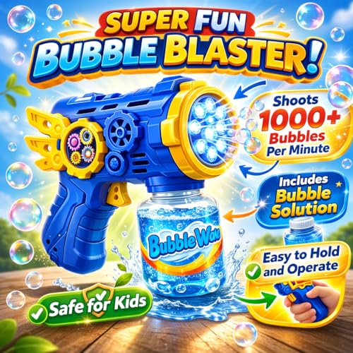 Image of Automatic Bubble Blowing Gun with LED Lights & Solution - Kids Bubble Maker Toy for Outdoor Play
