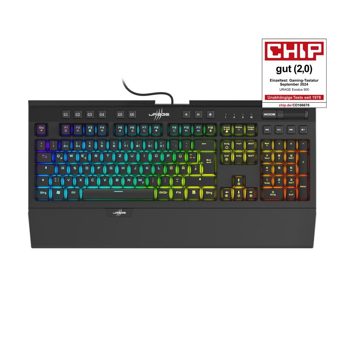 uRage Gaming Tastatur "Exodus 900 Mechanical" QWERTZ (Gamer Keyboard, mechanisch, taktile Switches braun, lautlos, DE Layout, Anti-Ghosting, RGB beleuchtete Tasten, Handballenauflage, Kabel) schwarz