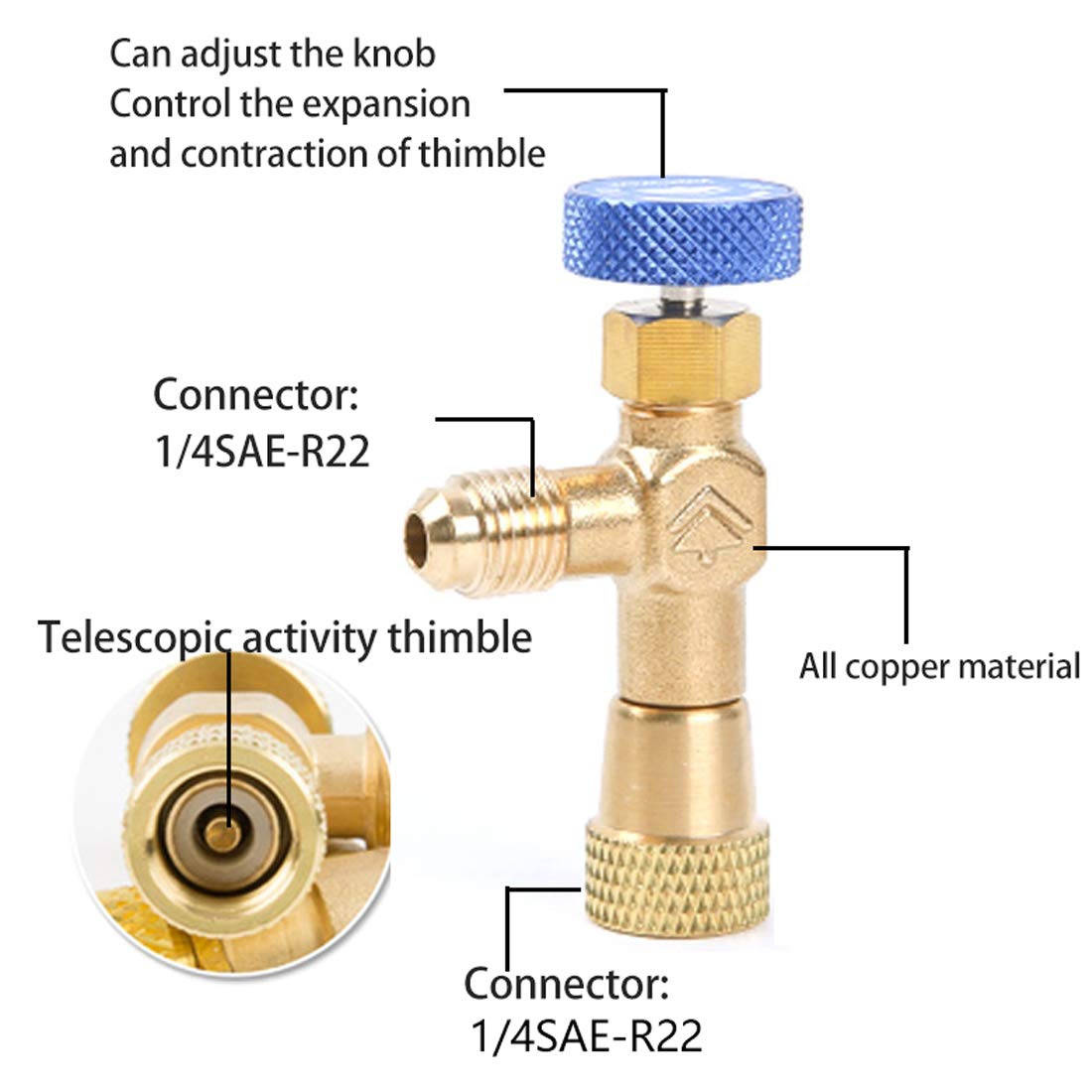 R22 Air Conditioning Refrigerant Valve Adapter, 1/4" SAE Male to 1/4