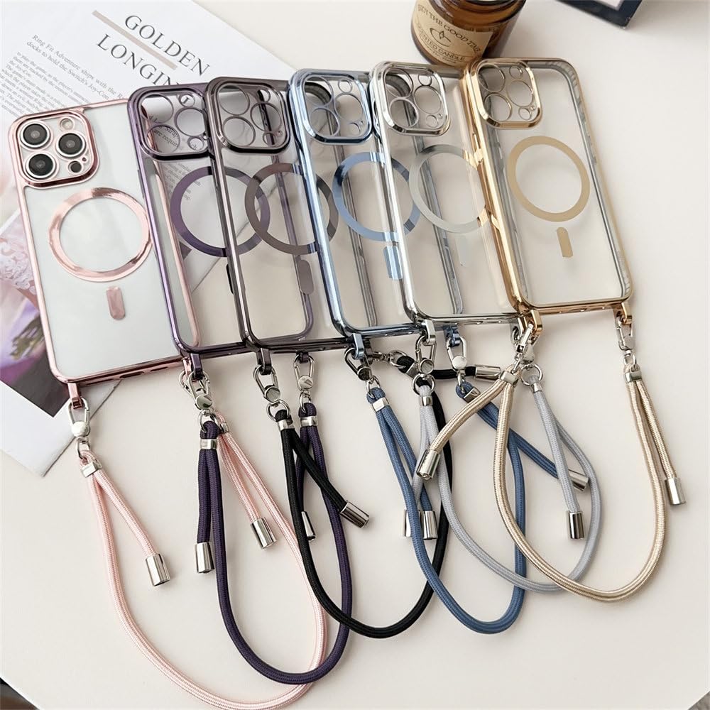 Umhängeband mit Handgelenkschlaufe, magnetische Handyhülle für iPhone 16 15 14 13 12 Pro Max 14 15 16 Plus, kabellose Ladebeschichtung, transparente Abdeckung, Silber, für iPhone 16