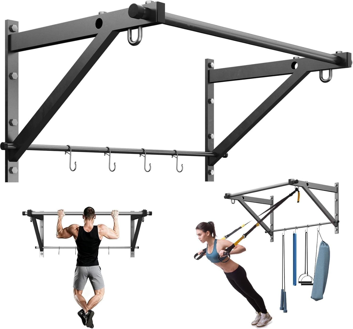 Wall Mounted Pull Up Bar, Strength Training Chin Up Bar for Doorway and Wall Mount with Hooks, Adjustable Depth Pull-up Bar with 500LBS Weight Capacity, Heavy Duty Gym Home Training