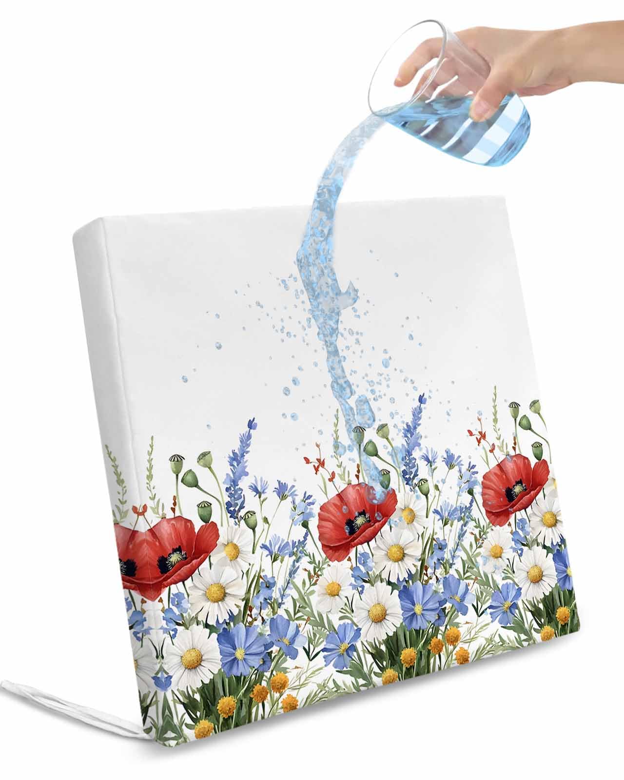 2 Pack Blue Floral Waterproof Cushion Covers with Ties, Outdoor Patio Chaise Lounge Chair Seat Cushion Slip Covers Replacement(Only Cover) Red Poppy Flowers Pastoral White Daisy 24