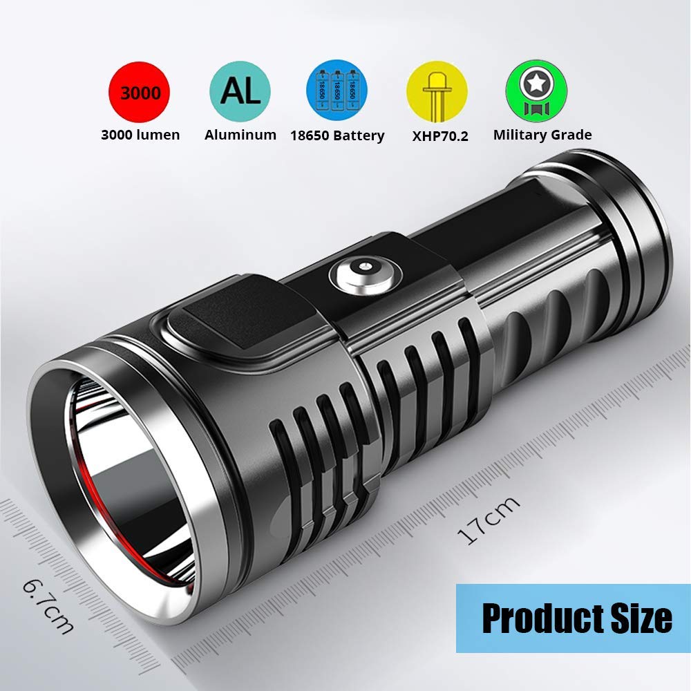 HMTE Linterna LED de Alta Potencia Super Brillante 70,2 antorcha USB Recargable IP67 Linterna de Mano de Obra de Grado Impermeable, antorchas