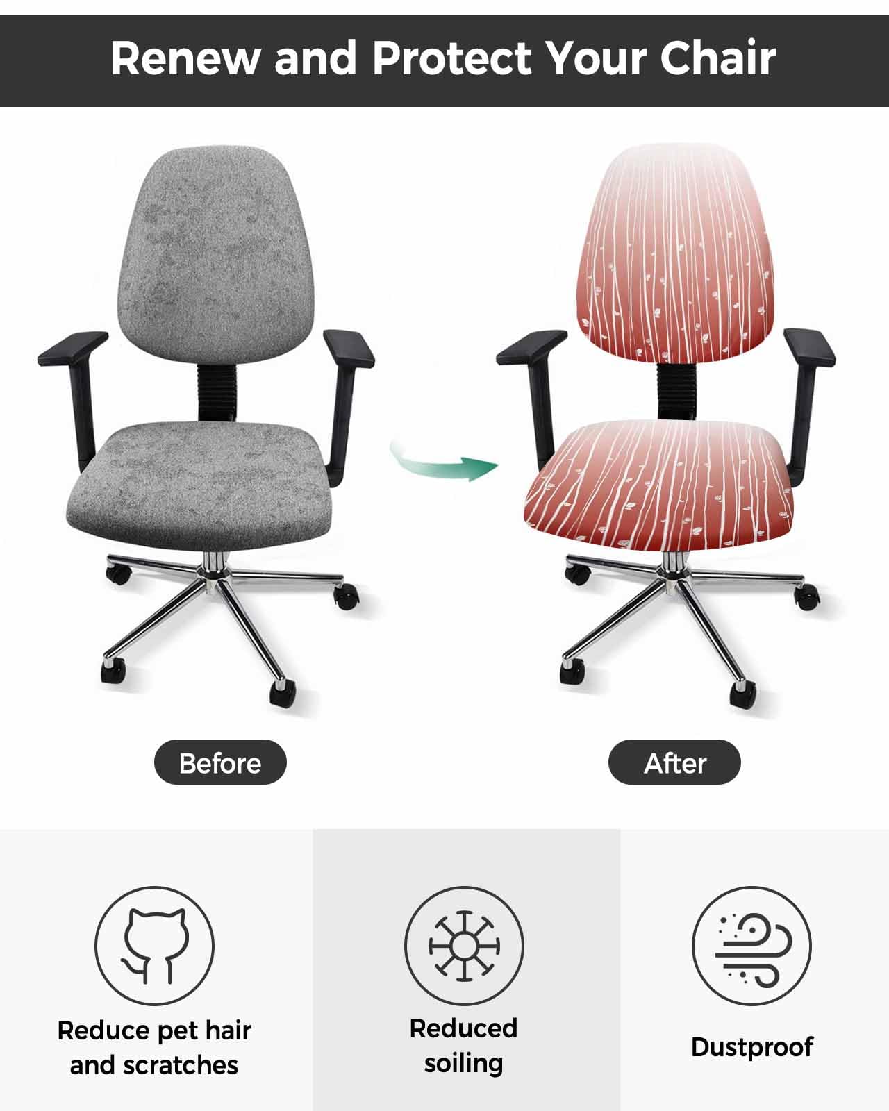 Red Ombre 2 Pieces Computer Office Chair Covers Set,Stretchable Desk Rotating Chair Seat Cushion Slipcover Back Covers,Retro Abstract Striped Floral Leaves Art Slipcover Back Cover,Protectors Cover