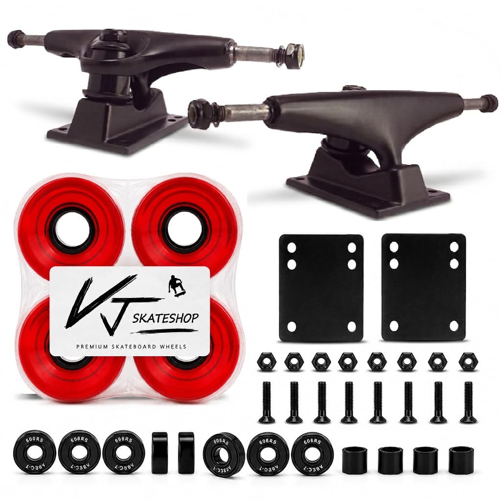 Skateboard Truck and Wheel, 5.0 Skateboard Trucks (Black) w/Skateboard Crusier Wheel 60mm, Skateboard Bearings, Skateboard Screws, Skateboard Riser Pads (Gel red) โ image 1