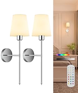 CASGAL Battery Operated Wall Sconce Set of 2,Rechargeable Wall Lights with Dimmable Detachable Bulbs and Remote,15 Colors Wireless Wall Lamps for Bedroom Living Room Hallway,Nickel(2 Pack)