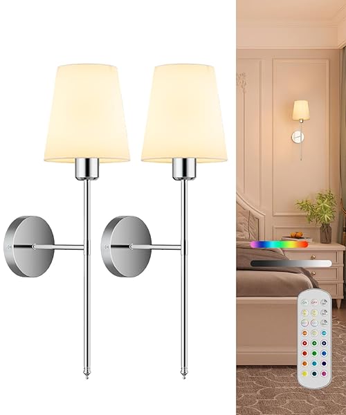 CASGAL Battery Operated Wall Sconce Set of 2,Rechargeable Wall Lights with Dimmable Detachable Bulbs and Remote,15 Colors Wireless Wall Lamps for Bedroom Living Room Hallway,Nickel(2 Pack)