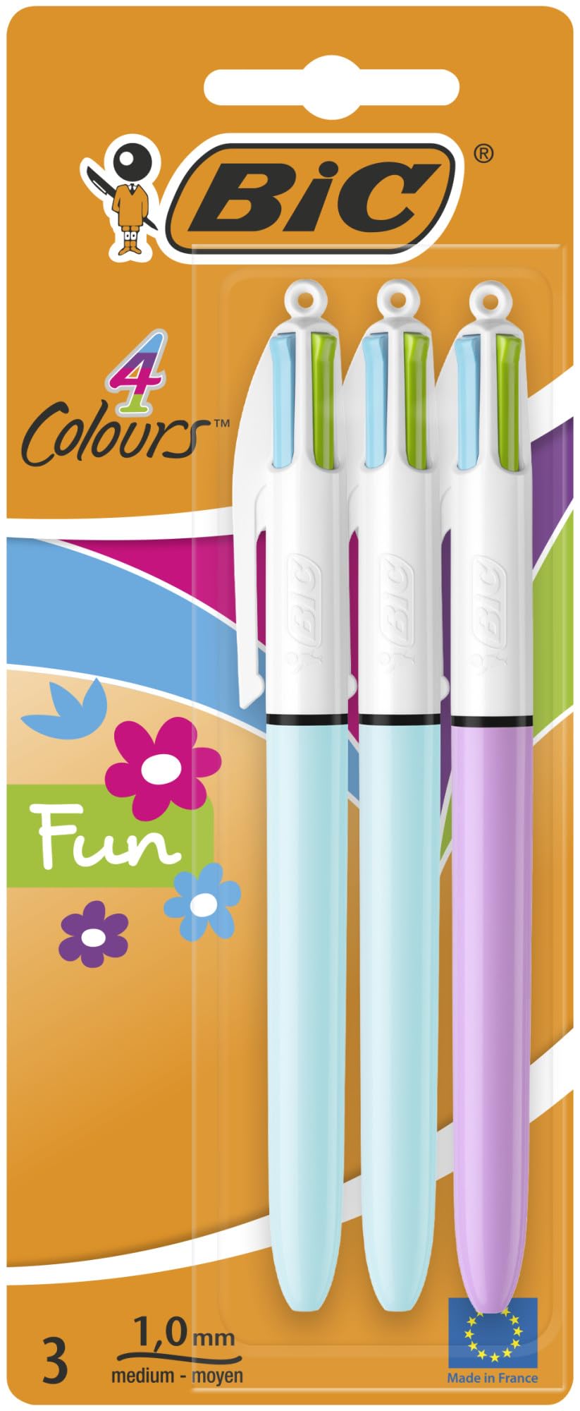 BIC 4 Colours Fun Retractable Ballpoint Pens with Four Ink Colours and Medium Point (1.0 mm), Pack of 3