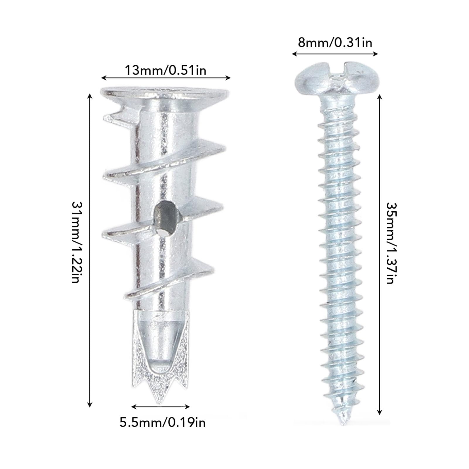 Drywall Anchors and Screws Assortment Kit, 50PCS Heavy Duty Hollow Metal Wall Anchors Zinc Alloy Self Drilling Drywall Anchors Kit