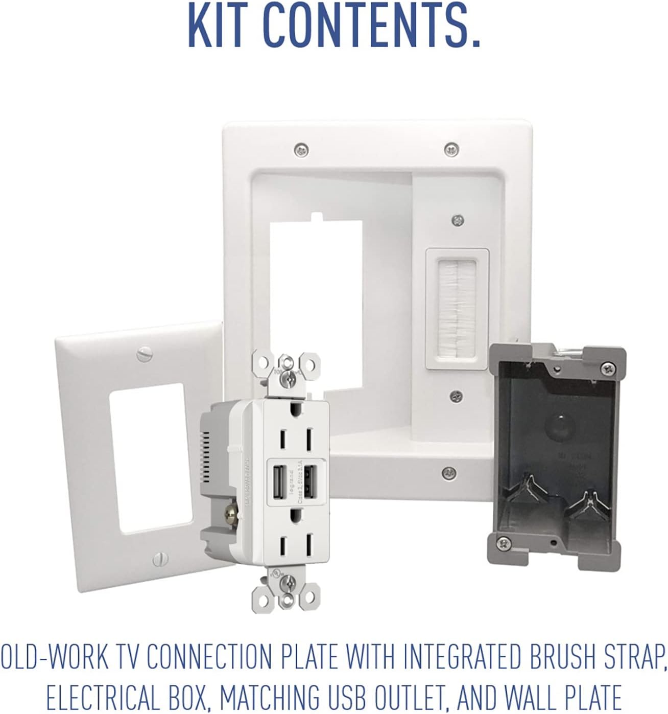 Legrand - OnQ in Wall Cable Management Kit with USB, TV Outlet Wall Kit Hides Cords, in Wall TV Power Kit Works with All Plugs, Recessed TV Outlet, White, HT21USBWHV1 (Hardwired)