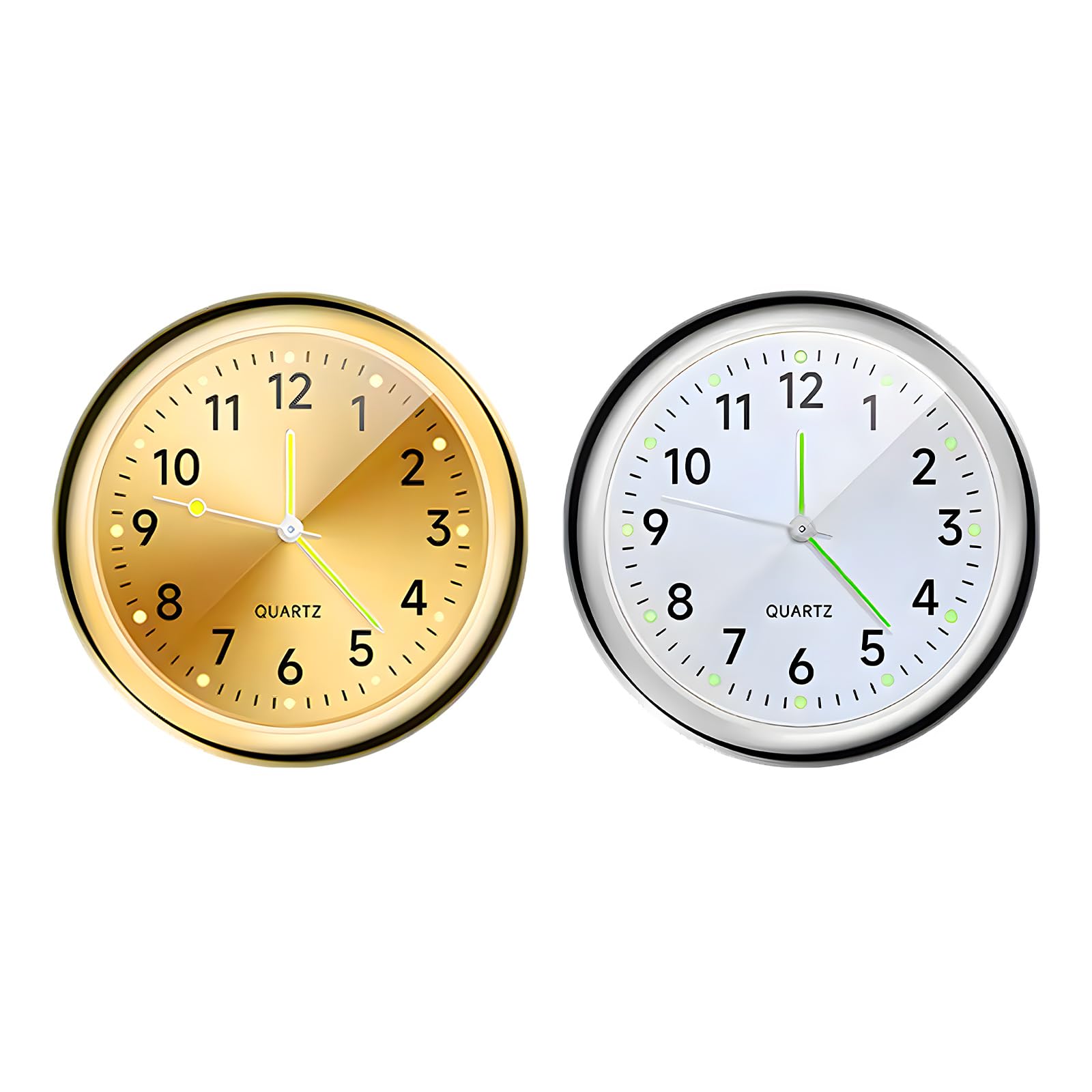 2PCS Stick on Dashboard Car Clock, Mini Luminous Automotive Vent Clip Quartz Clocks, Alloy Waterproof Analog Clock Watch Universal for Car Boat Bike Home, Car Accessories (Golden+White)