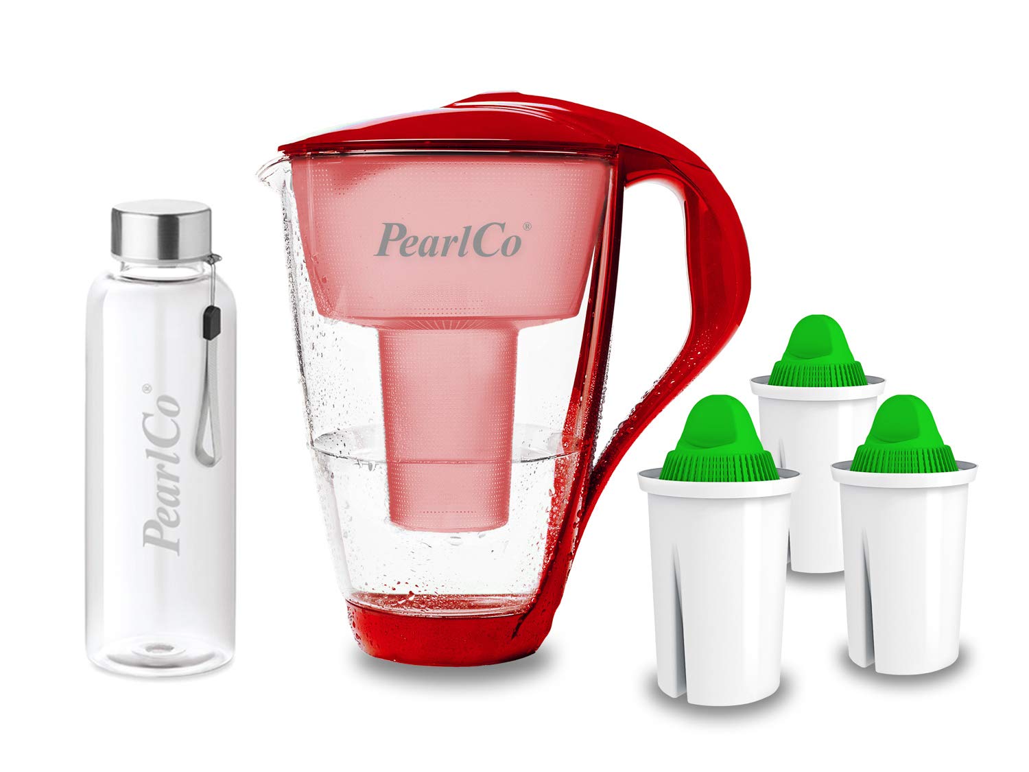 PearlCo - Szklany filtr do wody (czerwony) z 3 wkładami filtrującymi alkalicznymi Classic + 1 butelka do picia ze szkła