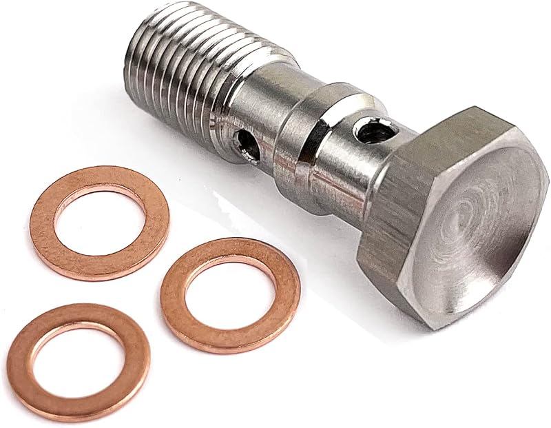 Parafuso Banjo Duplo para Freio AFATEBOX M10 x 1,0 em Aço Inoxidável – 3 Arruelas de Cobre