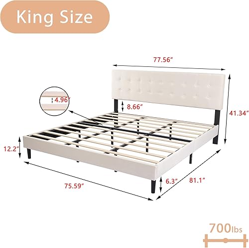 Miniatura 2 de alazyhome Base de cama tapizada beige tamaño King con cabecero de terciopelo copetudo con botones, soporte de listones de madera, fácil montaje, no