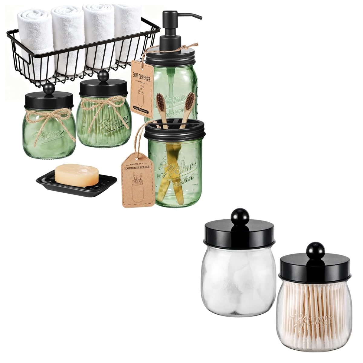 SheeChung Acrylic Plastic Qtip Holder Apothecary Jars with Lid 6 Pack Green Glass Mason Jar Bathroom Accessories Set