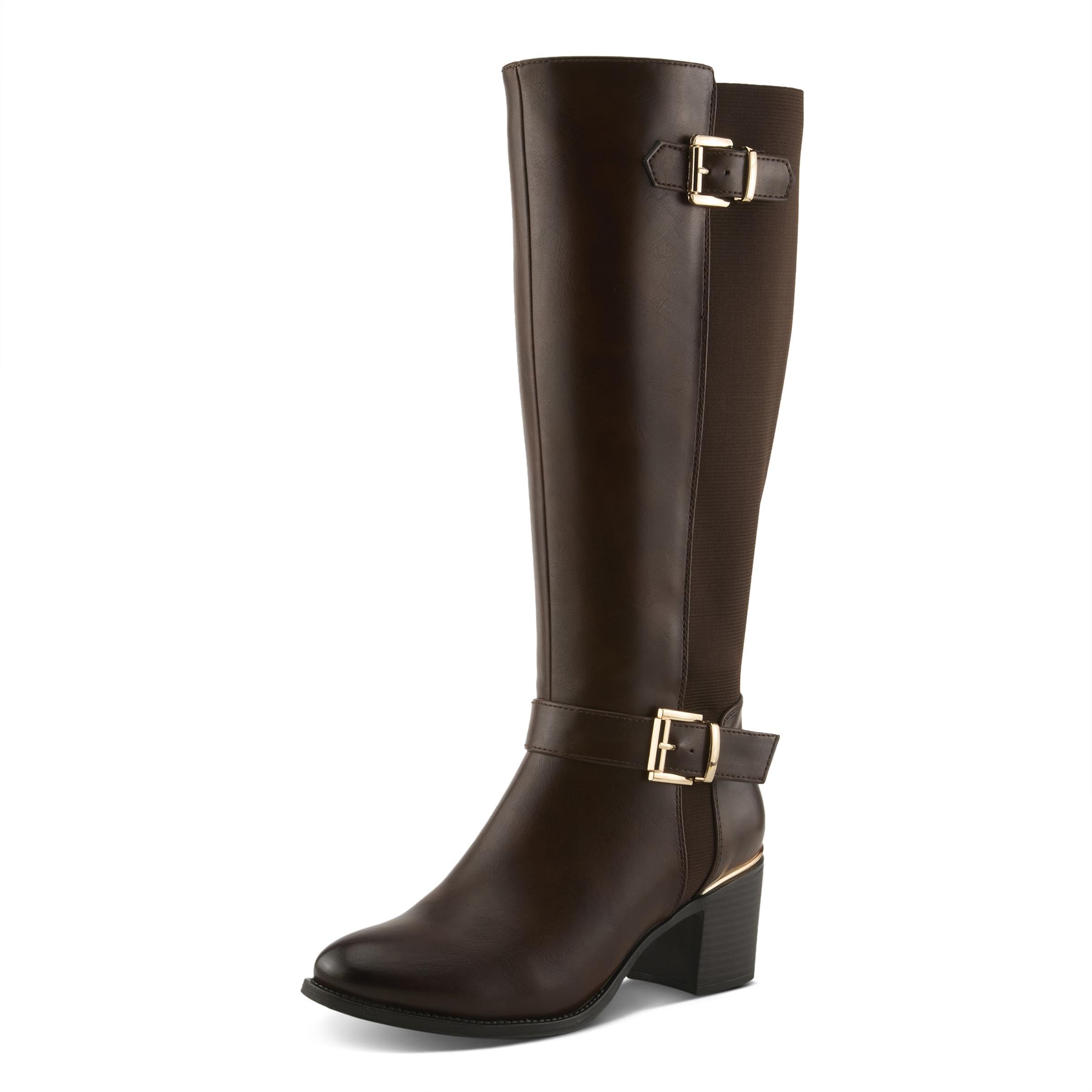 PATRIZIA KATERINA Womens Tall Block Heel Boot Faux Leather Knee-High with Gold Buckle Detail