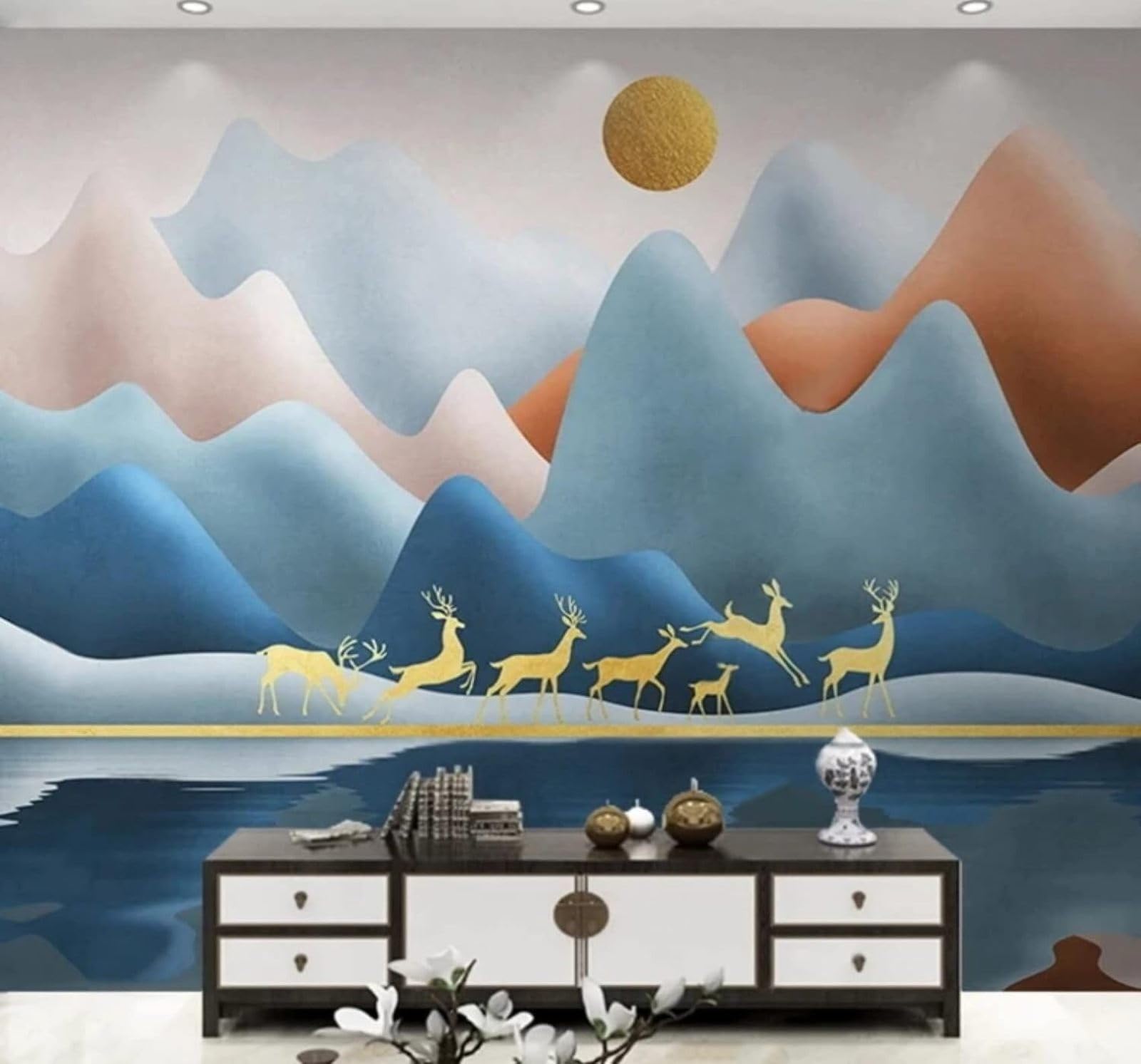 XLMING Ink Landscape Reindeer Colourful Mountains 3D Wallpaper Luxury Silk Study Dining Feature Sofa Grey Bedroom Living Room Tv Decorative Wall-400cm×280cm