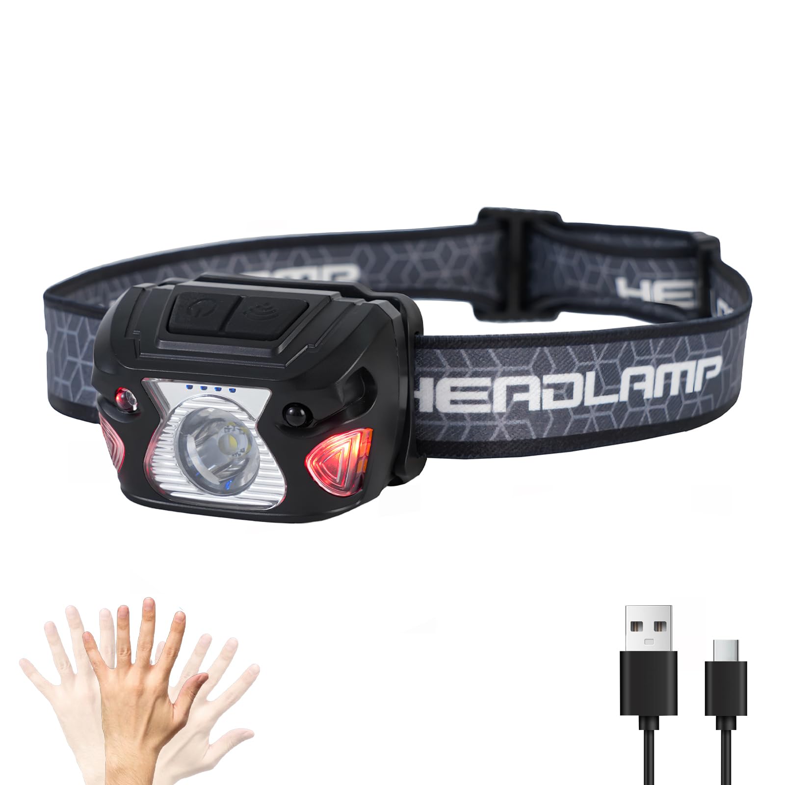 Lampe frontale d'extérieur rechargeable de type C, 6 modes, plus de 1000 lumens, lampe de poche étanche IPX5, éclairage continu de 12 heures, idéale pour le camping, la lecture, le sport, la