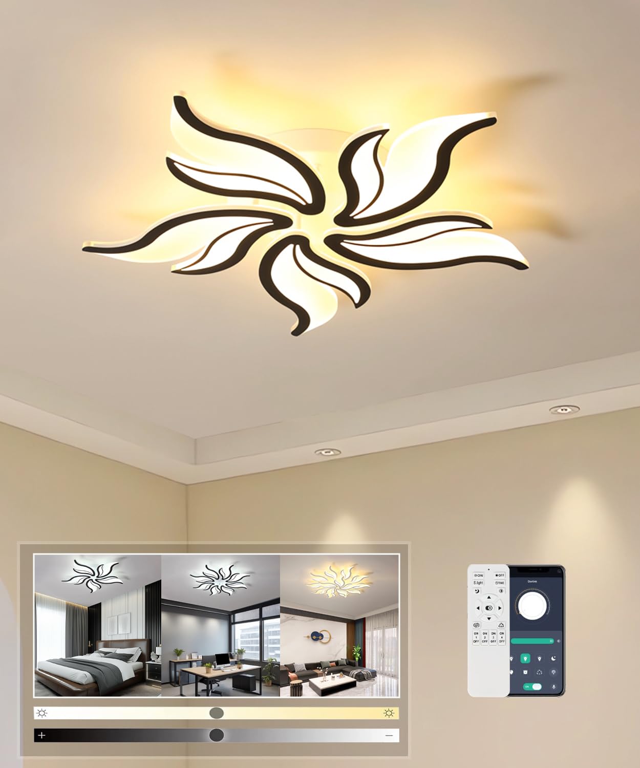 Modern LED Ceiling Light Dimmable Living Room Ceiling Lamp with Remote Control Chandelier 38W 3000K-6500K Flower Shape Ceiling Lights for Bedroom Dining Room Office (Black, 5heads)