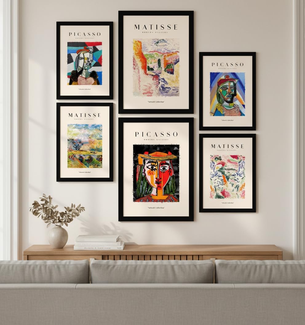Nacnic Set de 6 Posters de Picasso y Matisse. Siglo Pasado. Láminas de Fauvismo y Surrealismo para el Diseño y Decoración de Interiores. Tamaños A3 & A4, Marcos Negros.