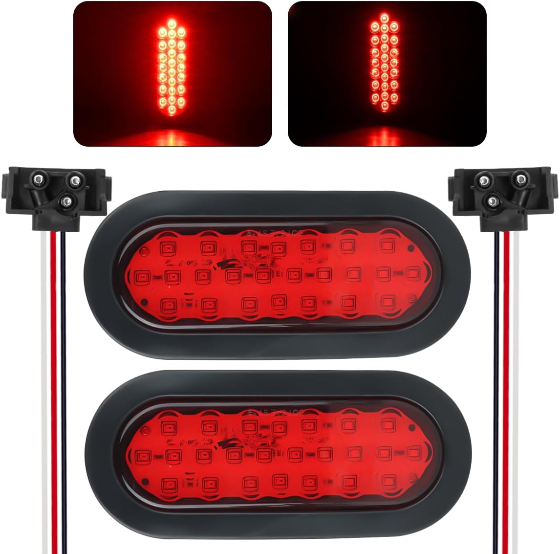 6" Red Oval 24 Led Trailer Tail Lights Waterproof Sealed 6 Inch Stop/Turn/Tail Light Boat Trailer Lights [DOT Certified], Include Grommets 3-Prong Wires for 12V RV Truck, Bus, Trucks 2PCS