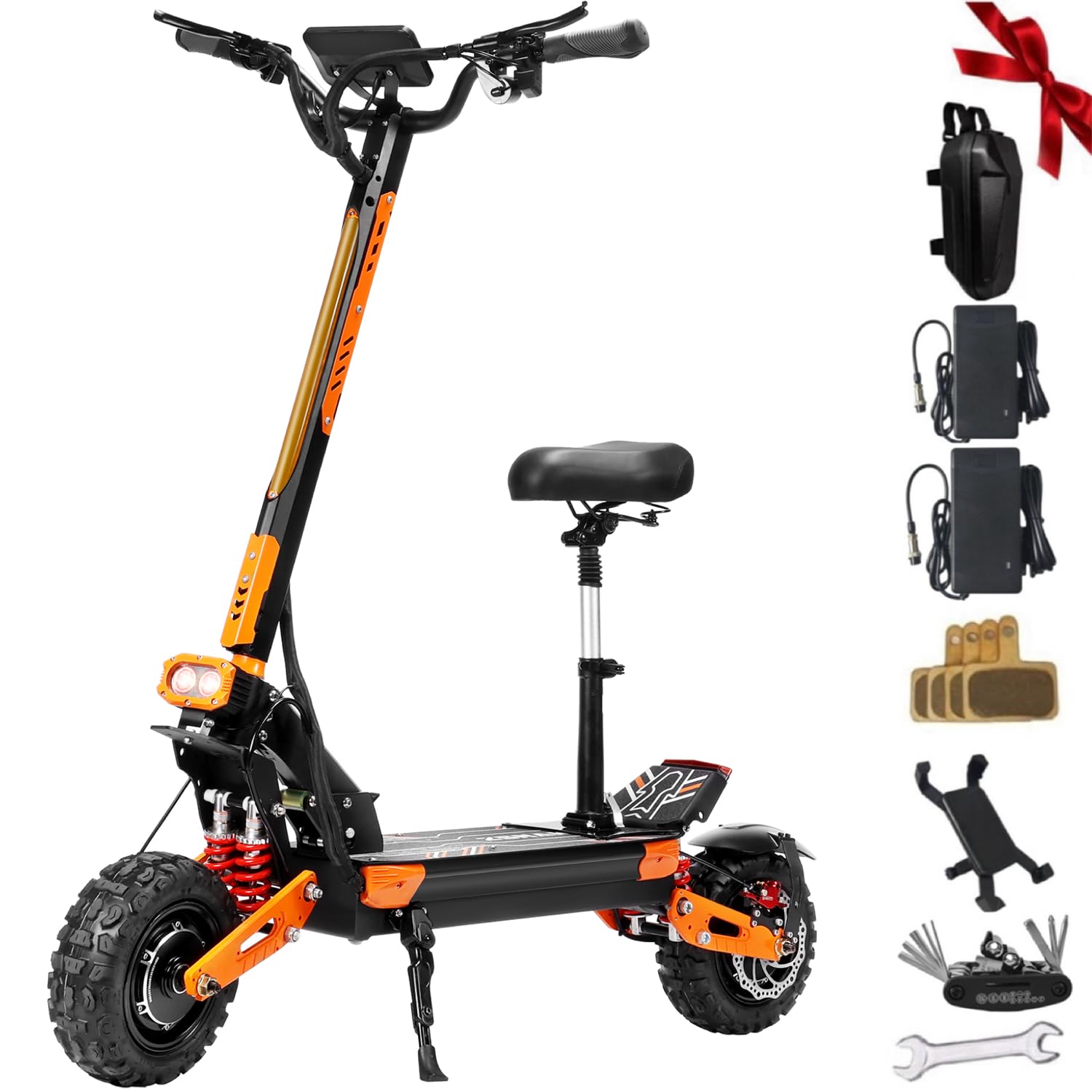 Electric Scooter for Adults 5600W Power Dual Motor Top Speed 52MPH 60V 28Ah Battery 60 Miles Range 11" All-Terrain Tire Folding E-Scooter with Detachable Seat (5600W Motors /1680Wh Battery)