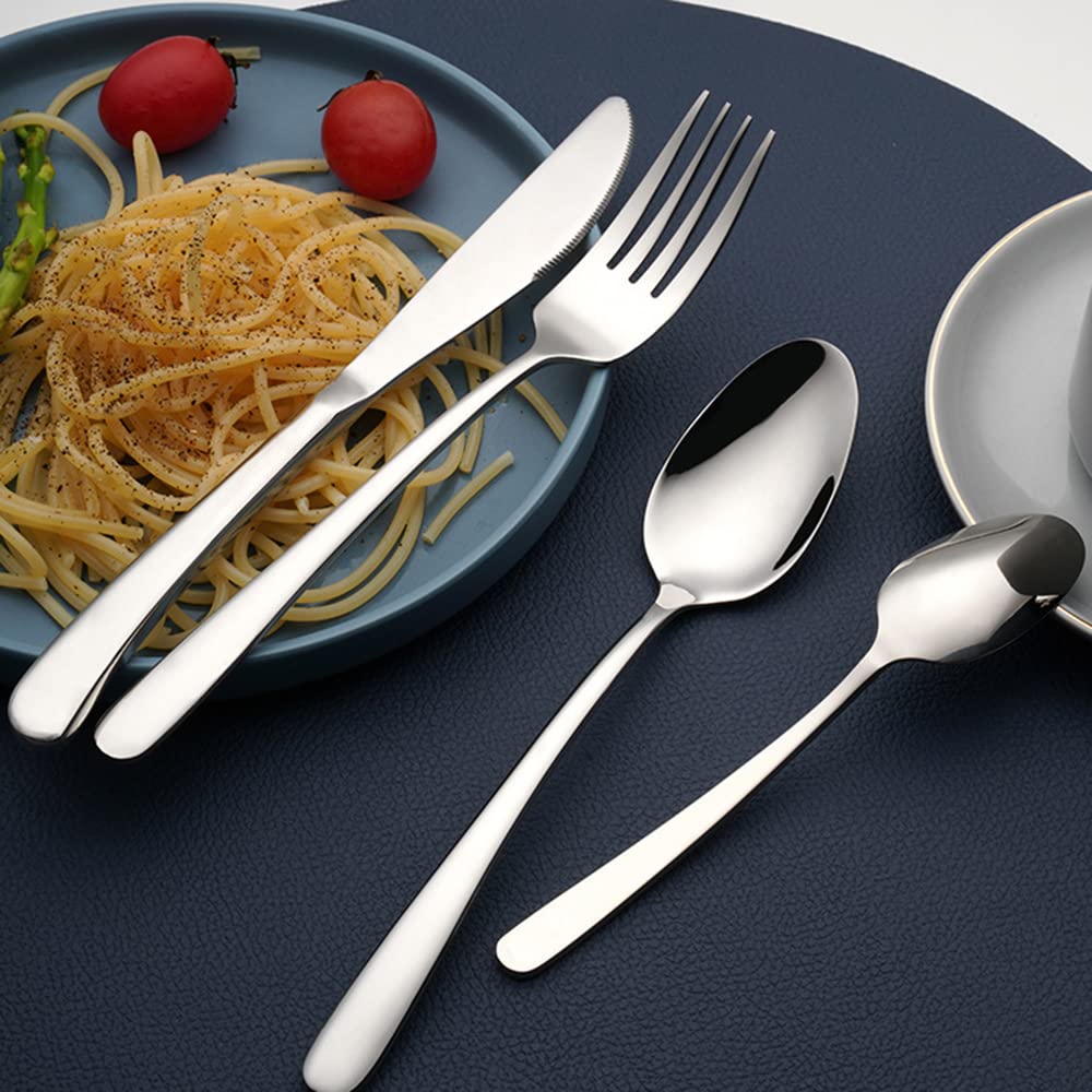 Juegos de cubiertos para 6, juegos de cubiertos de acero inoxidable, juego de 24 cucharas y tenedores para el hogar y la cocina, acabado espejo, apto para lavavajillas (24 piezas) (plata 48 piezas)