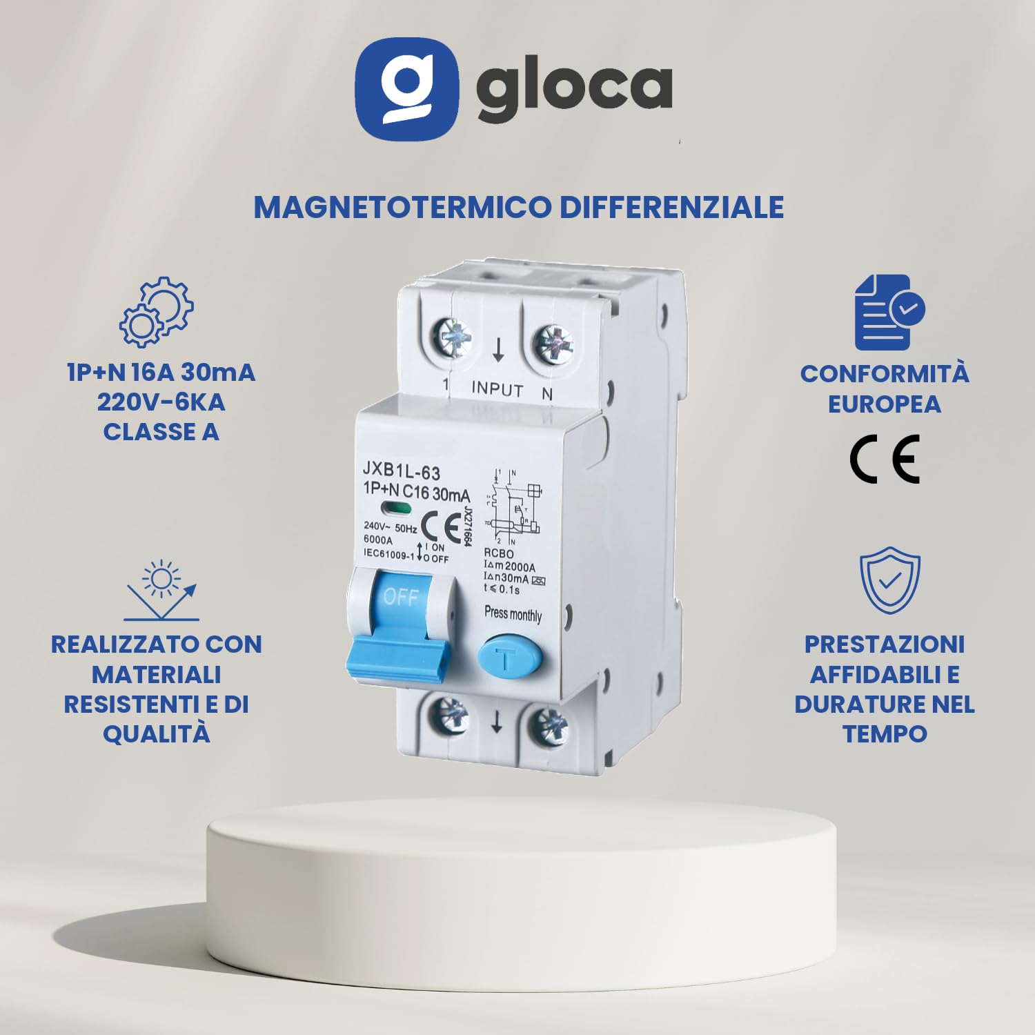 gloca Interruptor magnetotérmico diferencial 1P+N 16A 30mA 220V 6KA 2 módulos DIN C16 Clase A