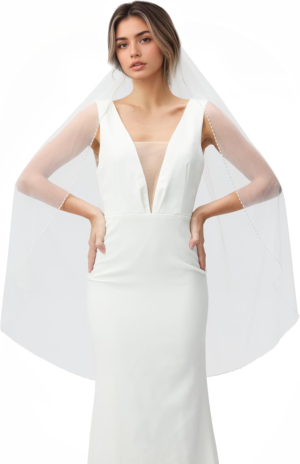 Pearl Bridal Veil Wedding Veil with Beaded Edge & Metal Comb, Wedding Veils for Women in Ivory & White