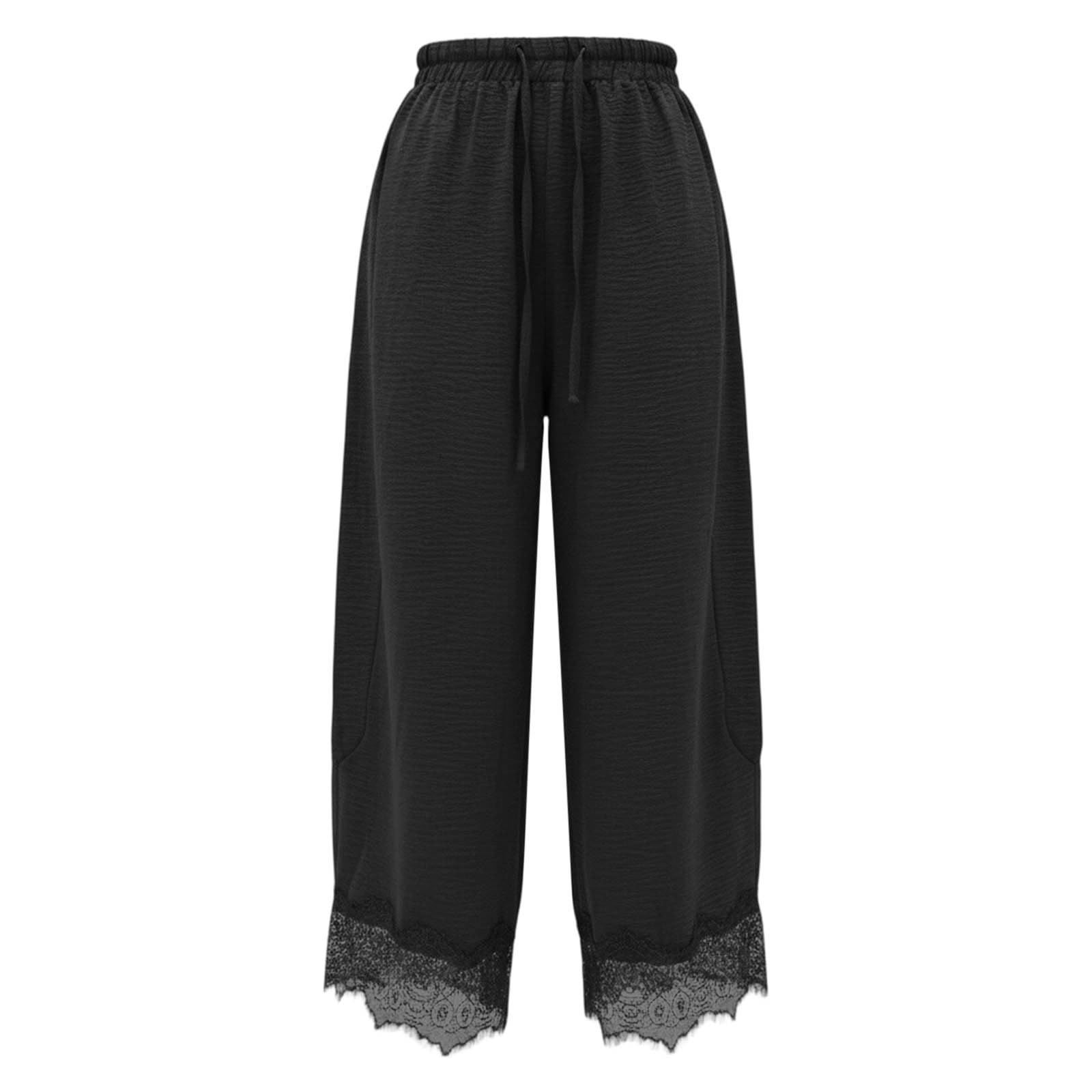 Pantaloni estivi da donna, tinta unita, gamba larga, in pizzo, con pieghe
