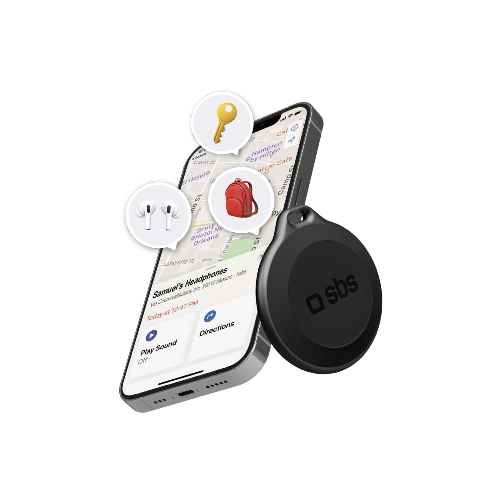 SBS Track My Circle - Localizzatore Chiavi e Oggetti Compatibile con Apple Dov’È, Suono Allarme 100 dB, Pronto all'Uso con Batteria CR2032 Inclusa, Impermeabile IP65, con Foro Portachiavi, Nero
