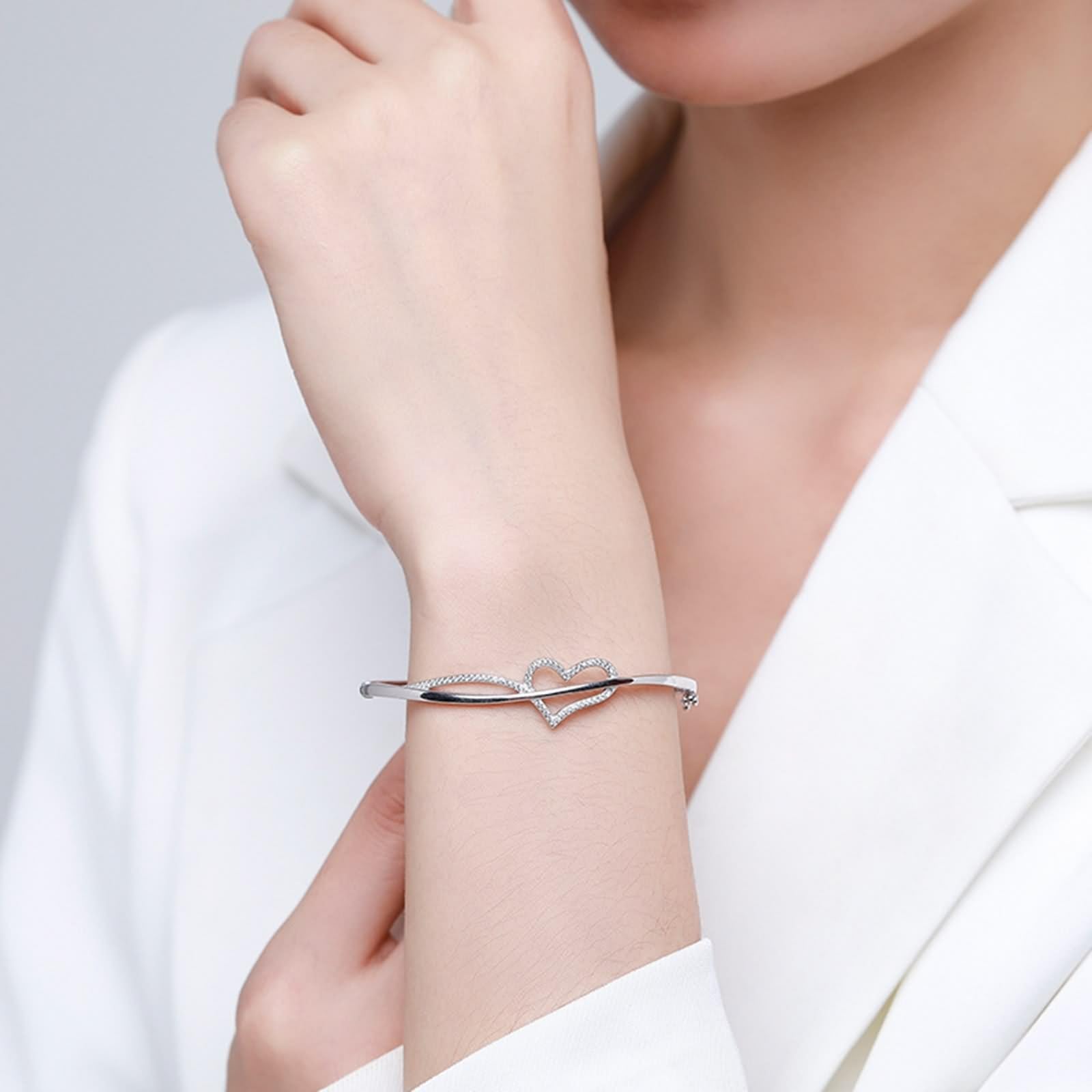 Braccialetti coordinati, da donna, a forma di cuore, con moissanite rotonda, oro bianco/platino 950
