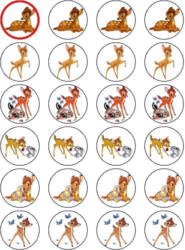 BAMBI 24 EDIBLE WAFER - RICE PAPER CAKE TOPPERS EACH DESIGN IS 40mm IN DIAMETER