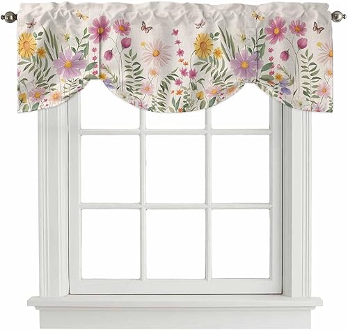 YOKOU Cenefa de cortina con lazo, hojas de flores, acuarela floral, vintage, botánico, corto con bolsillo para barra, cortinas ajustables para