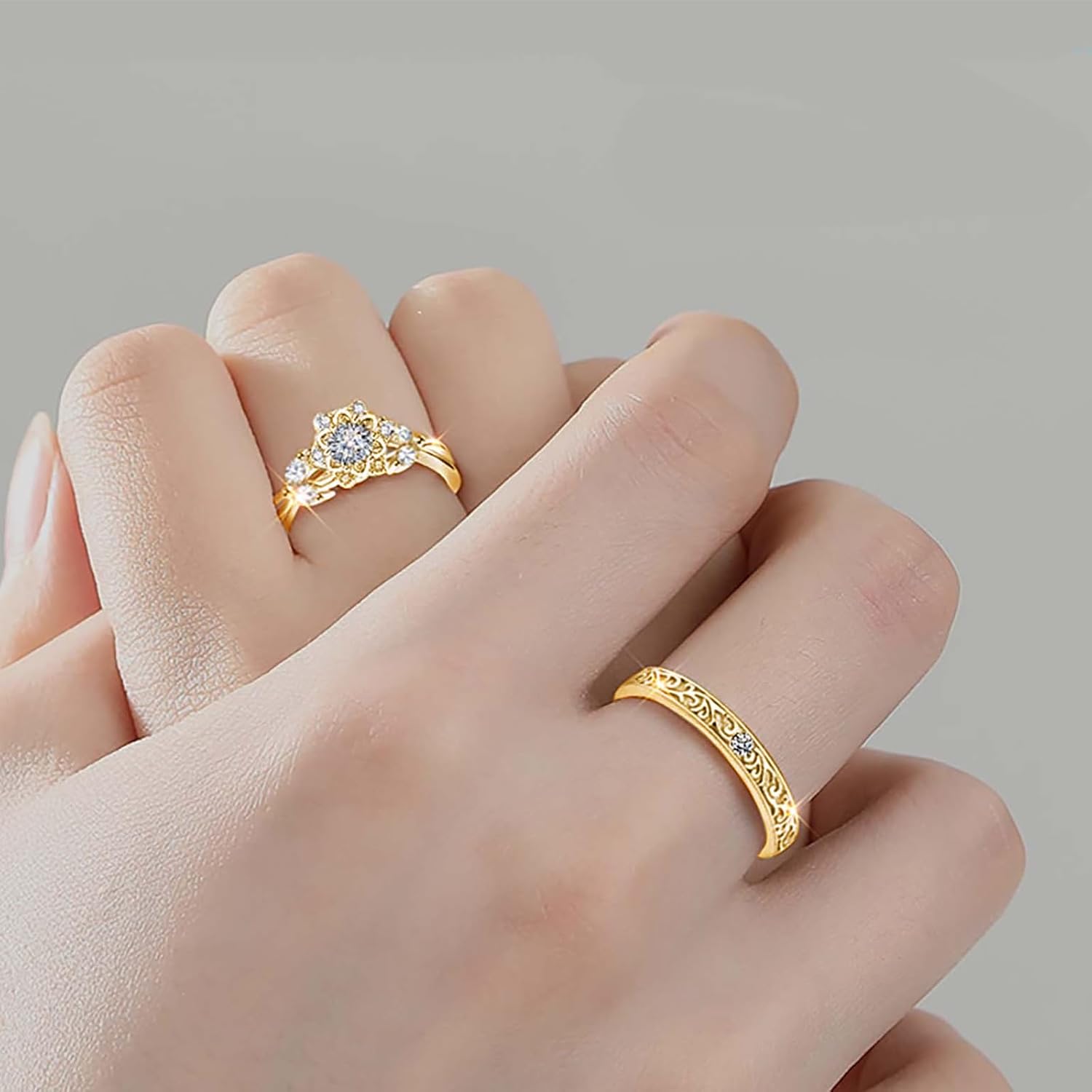 S925 10K/14K/18K Real Gold Flower Vine Couple Ring Sets for Men and Women, 1.85 Carat(cttw) Moissanite Flower Engagement Ring Sets for Wedding Anniversary Free Engraving