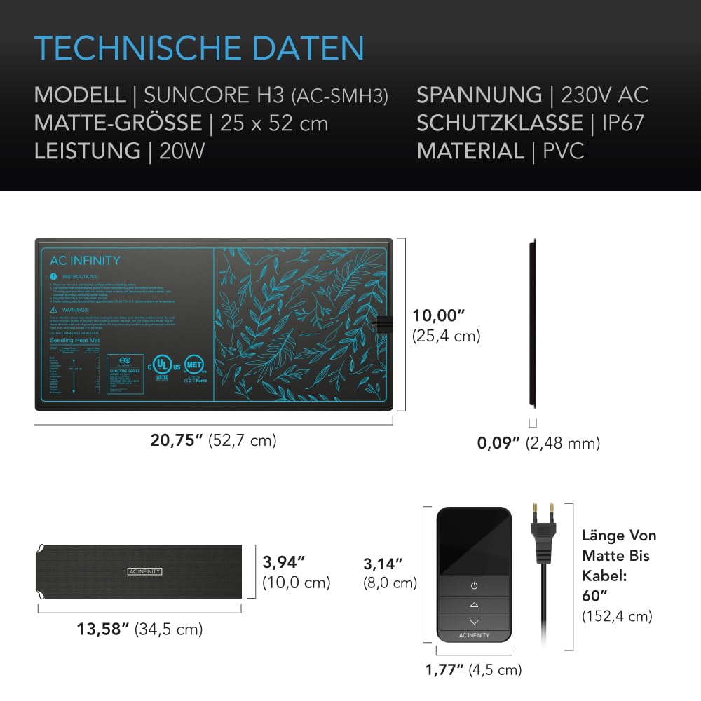 AC Infinity SUNCORE H3 – Heizmatte 25 x 52,7 cm mit digitalem Thermostat, wasserdicht, für Indoor-Gartenbau, Hydroponik, Keimung und Stecklingsvermehrung