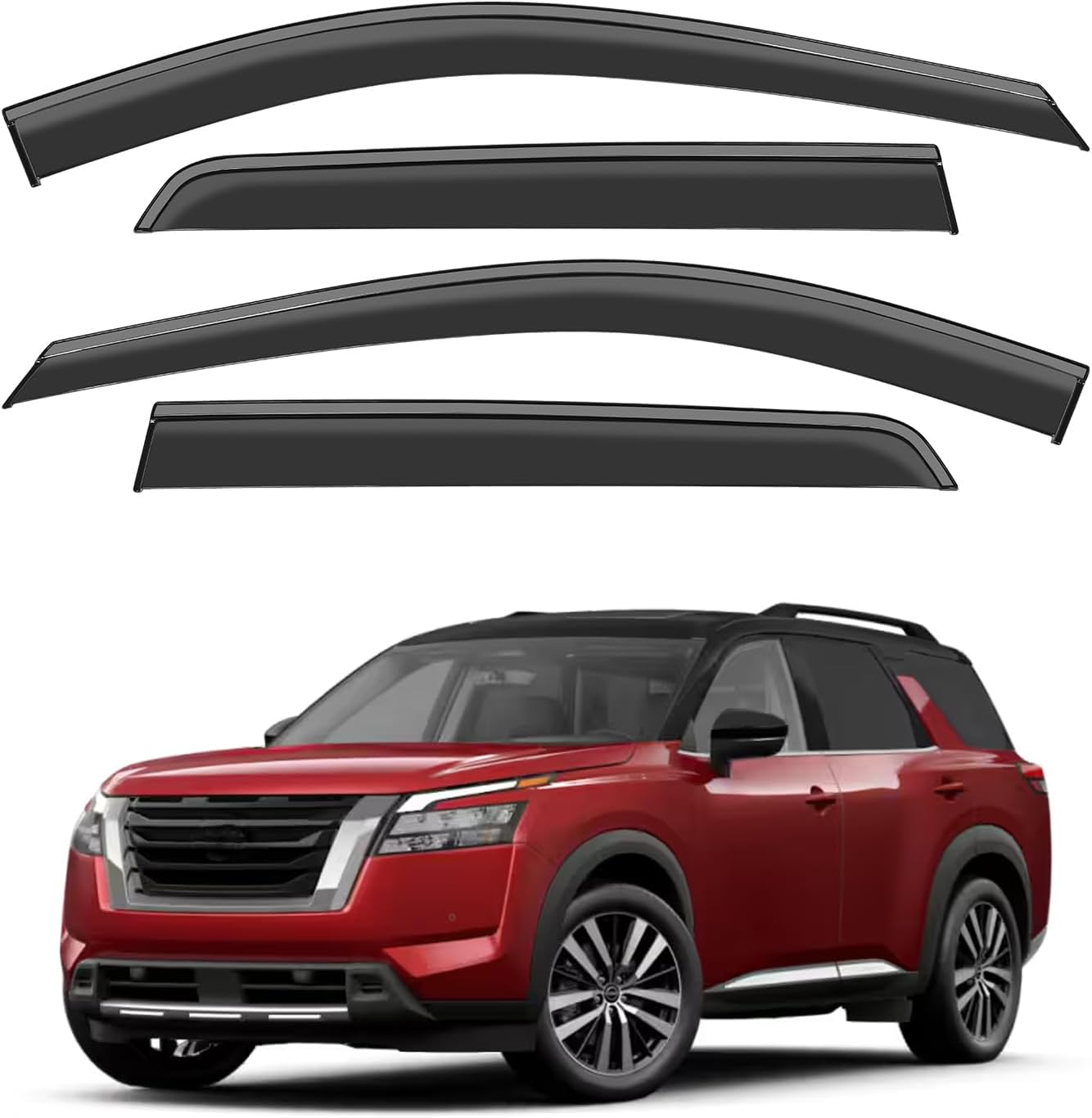 VESUL Tape-On Rain Guards for Nissan Pathfinder 2022-2025 Wind Deflectors Anti-Rain Window Visors with Tape 304 Stainless Steel TrimNoise Reduction&All-Weather Protection Outside Channel