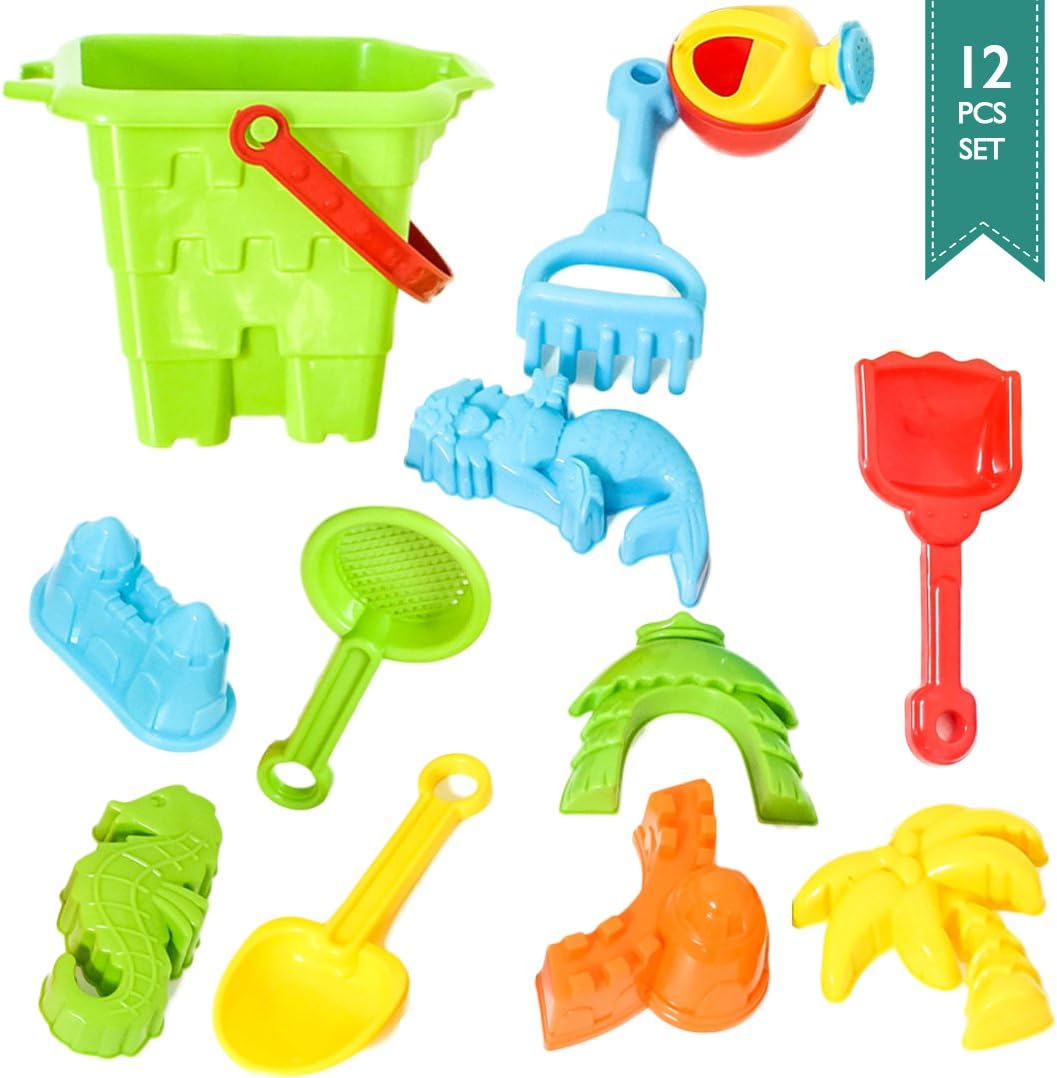 Baby-Beach-Toys: Big Sand Bucket 12-Pcs Molds & Tools for Water Tables, Beach, Sand Boxes, Bath Tub, Pool or Kinetic Sand Toys for Toddlers