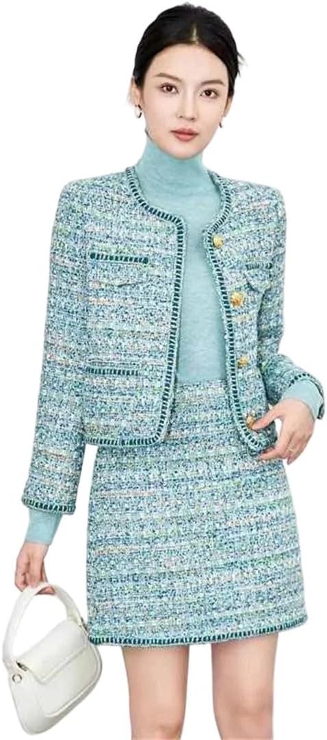 Women Plaid Tweed Two Piece Set Blazer Mini Skirt Slim Outfit