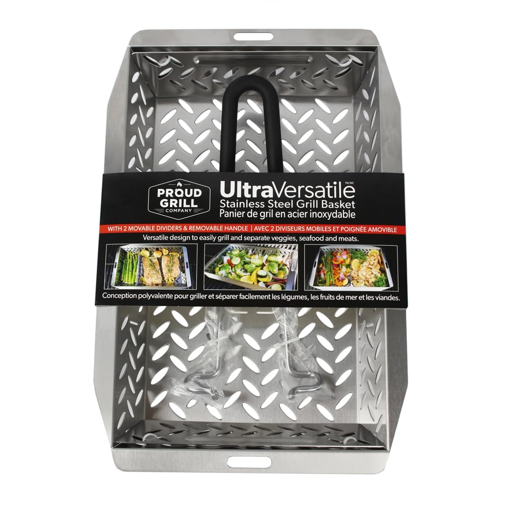 Proud Grill UltraVersatile Edelstahl Grillkorb - Großer BBQ Grillkorb zum Grillen von Gemüse Abnehmbarer Griff und bewegliche Trennwände Perfektes Grillzubehör zum Grillen von Gemüse, Fisch, Fleisch