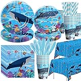 Xigejob Under The Sea Party Decorations Dinnerware - Ocean Birthday Party Supplies, Plate, Cup, Napkin, Tablecloth, Cutlery, Underwater World Whale Theme Birthday Baby Shower Decorations | Serve 24