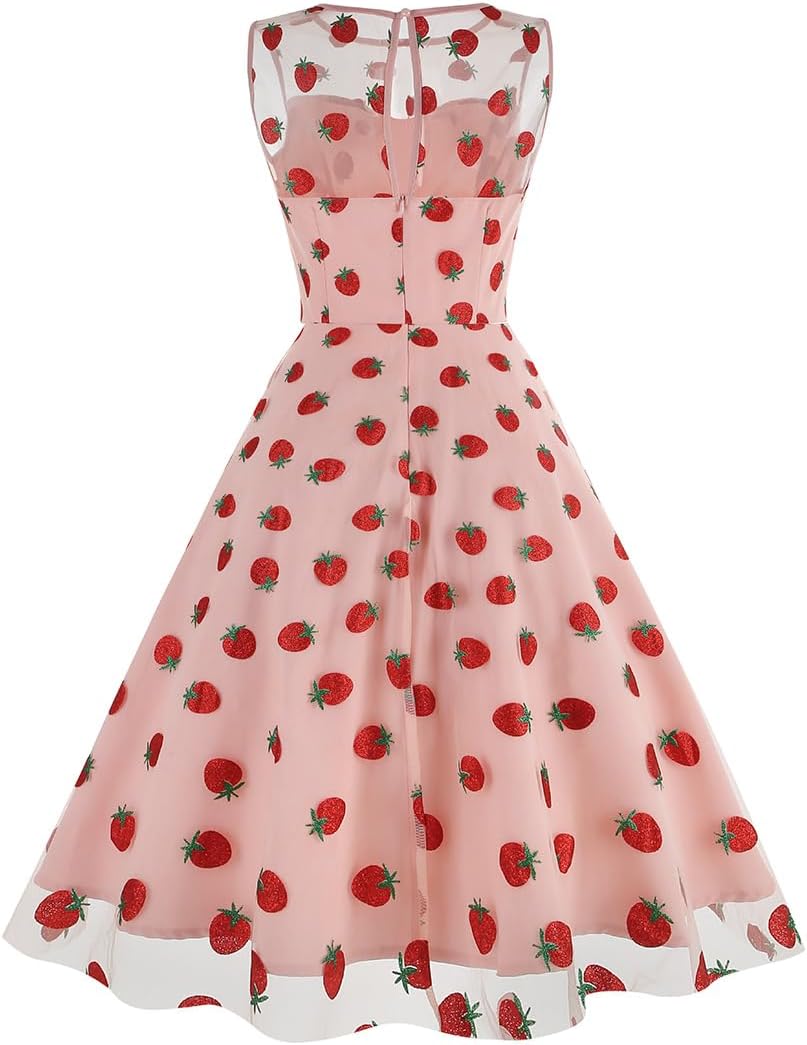 Pink Strawberry Dress - Women's Cute Tulle Summer Prom Dress - Short, Shiny Strawberry Print Vintage Formal Homecoming Tulle Embroidery Dress - XL - Image 3