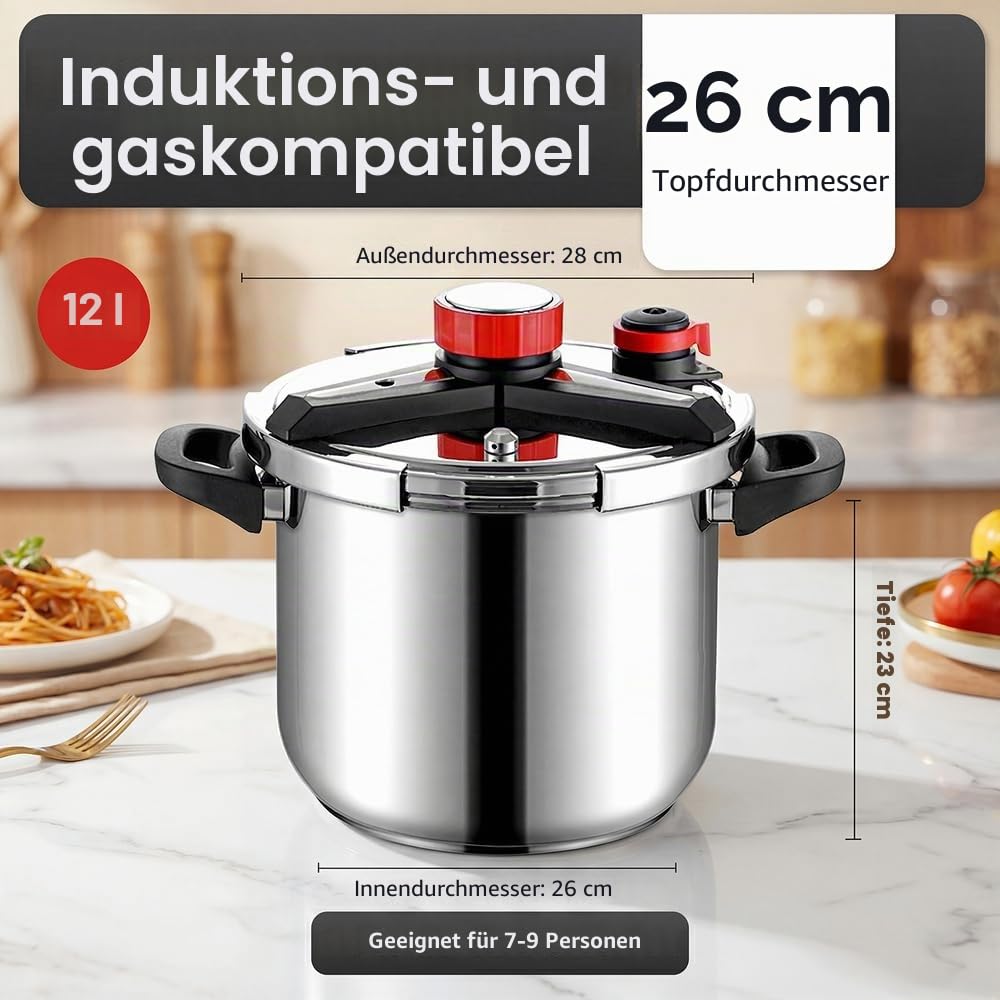 4-In-1 304 Stainless Steel Pressure Cooker 12L & Explosion-Proof & 3 PSI Settings & One-Hand Locking Pressure Canner & Glass Lid Steamer Rack Included,Induction Compatible,Gas Stovetop