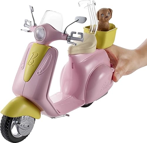 Miniatura 2 de Barbie Scooter con accesorio para cachorro y casco, ciclomotor rosa y amarillo con canasta, soporte y clip de asiento para muñeca